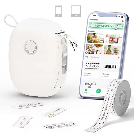 White label printer with smartphone displaying app interface and printed labels on a white background