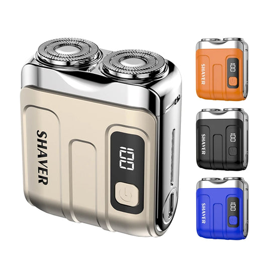 Electric shaver with digital display and four color variants on a white background
