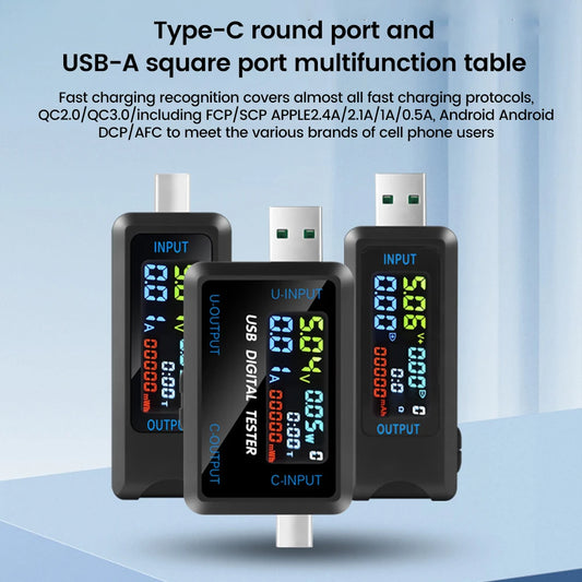 Three USB digital testers with display screens on a light blue background