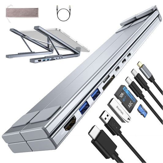 Laptop stand, USB hub, and cables on a white background