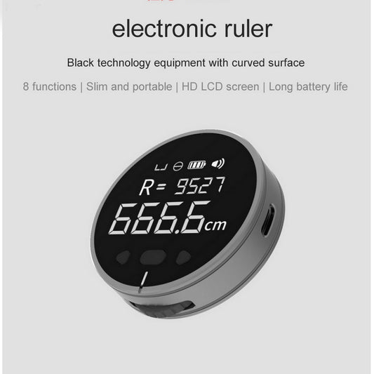 Electronic ruler with curved surface and digital display on a light gray background